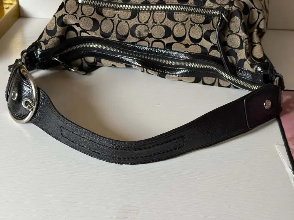 Coach Signature Canvas Hobo Bag with Black Leather Trim